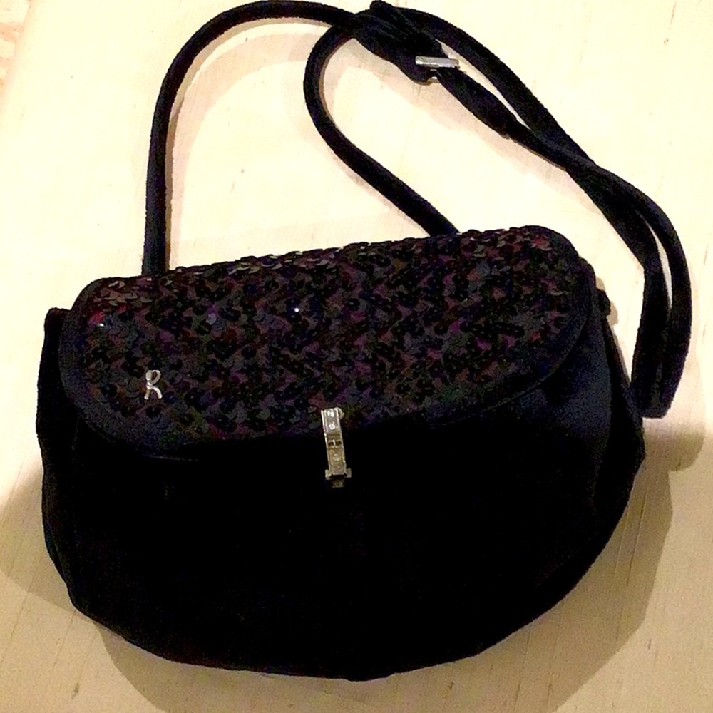 Vintage Black Velvet and Sequence over Cherry Color Fabric Dressy Bag